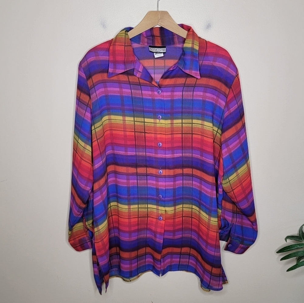 Vintage 90s Notations Rainbow Plaid Striped Tunic Blouse Size 1X